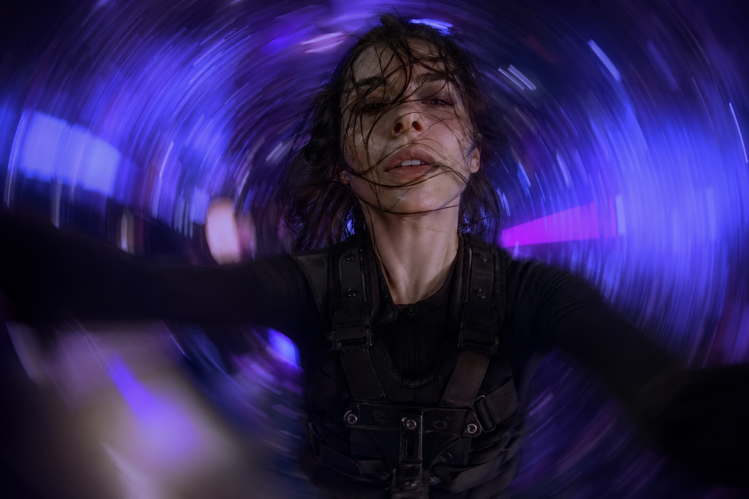 Illustrative still for camera rig: Snorricam / body-rig