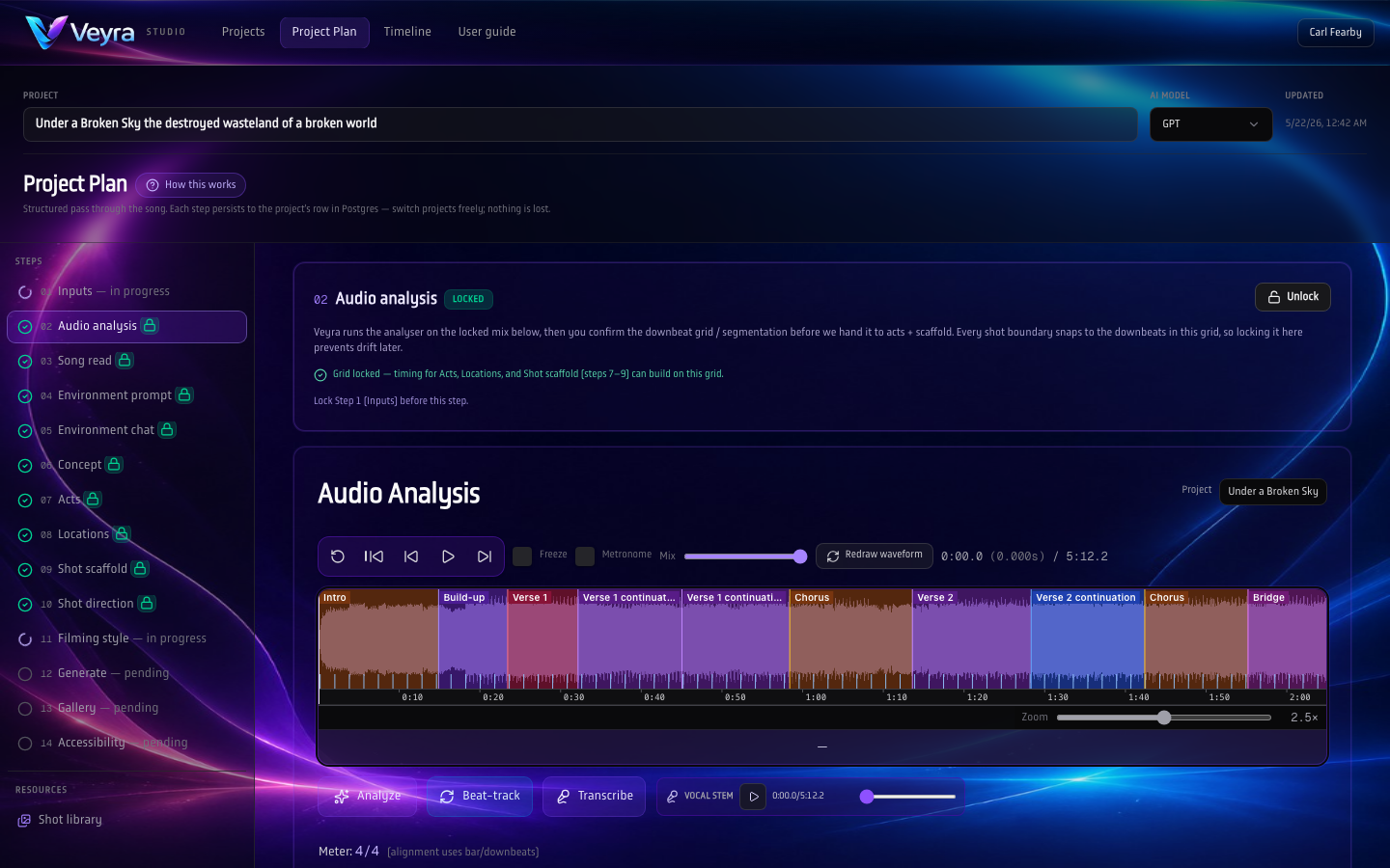 Veyra Audio Analysis with structured sections, waveform context, and lyric-oriented rows