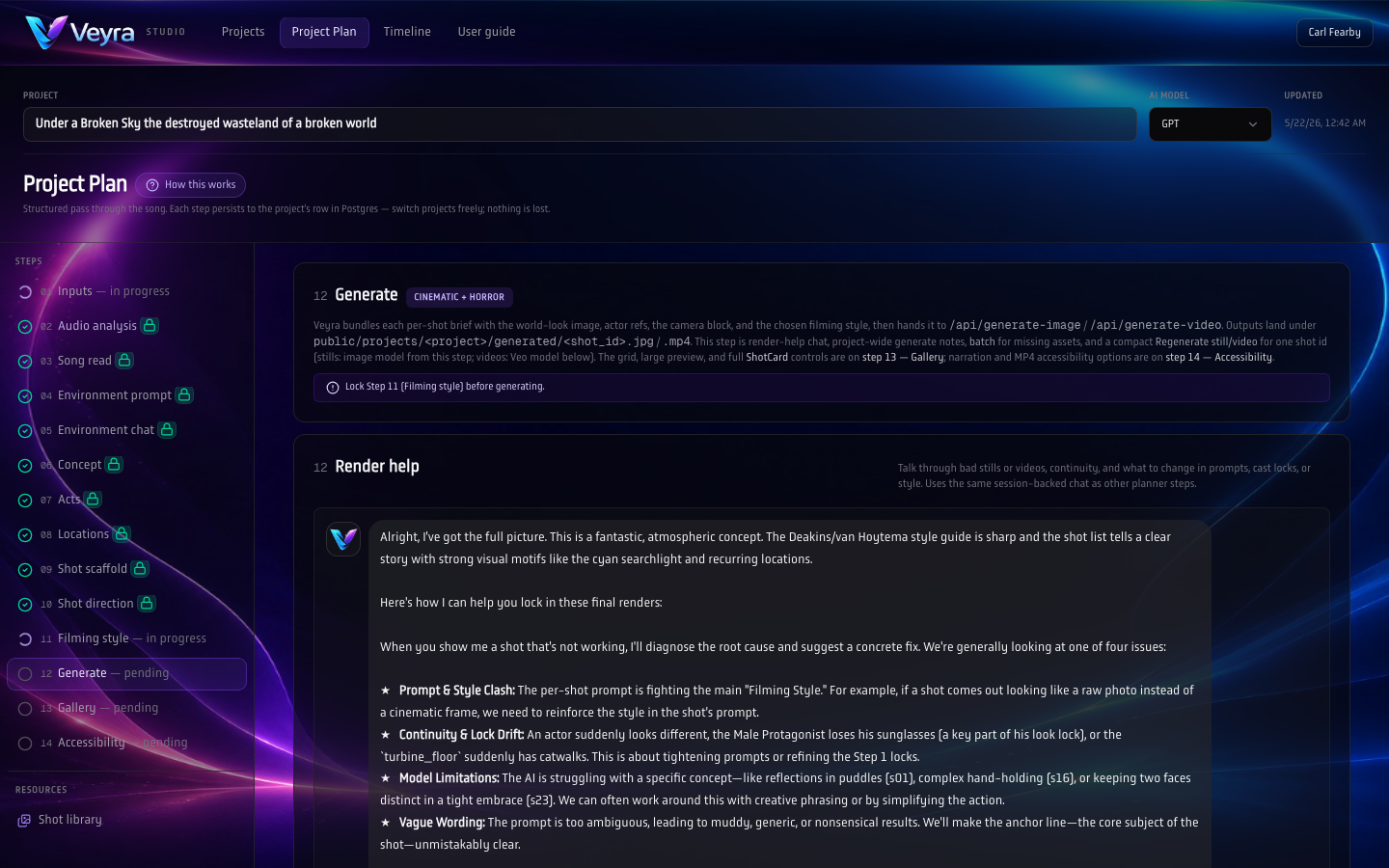 Veyra Generate step with prompts and rendering controls