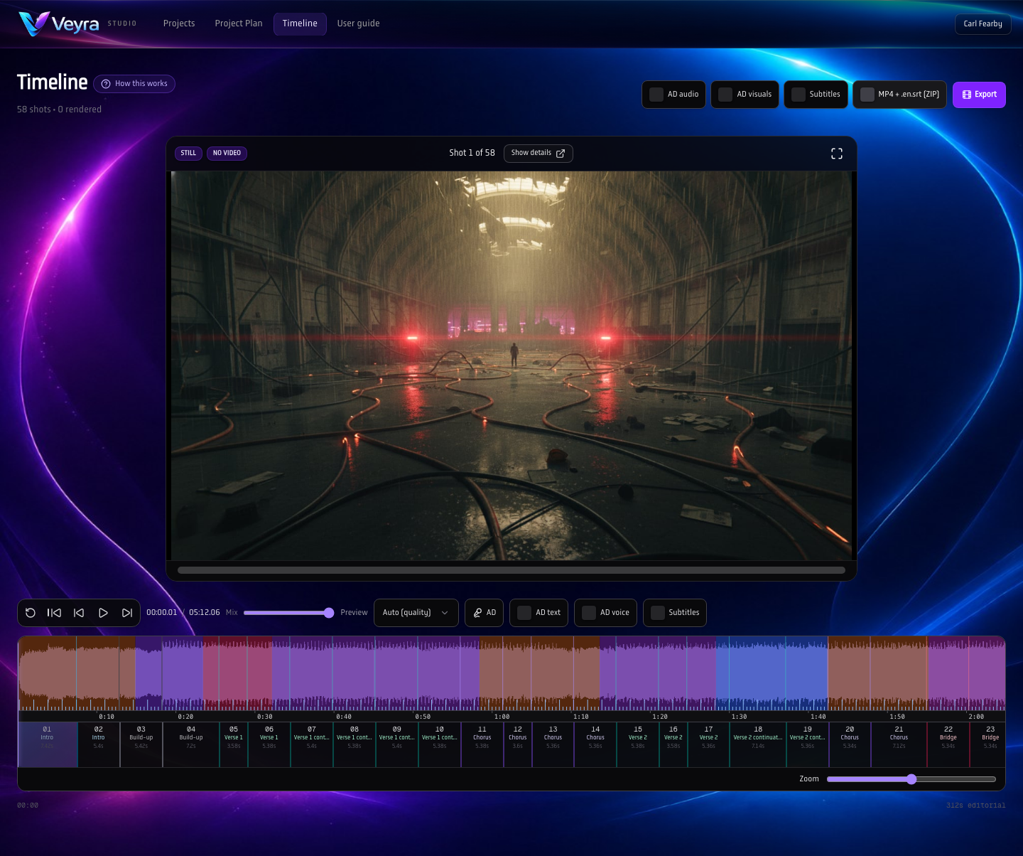 Veyra timeline with colour-mapped waveform, section labels, time ruler, shot blocks, and lyrics under the waveform