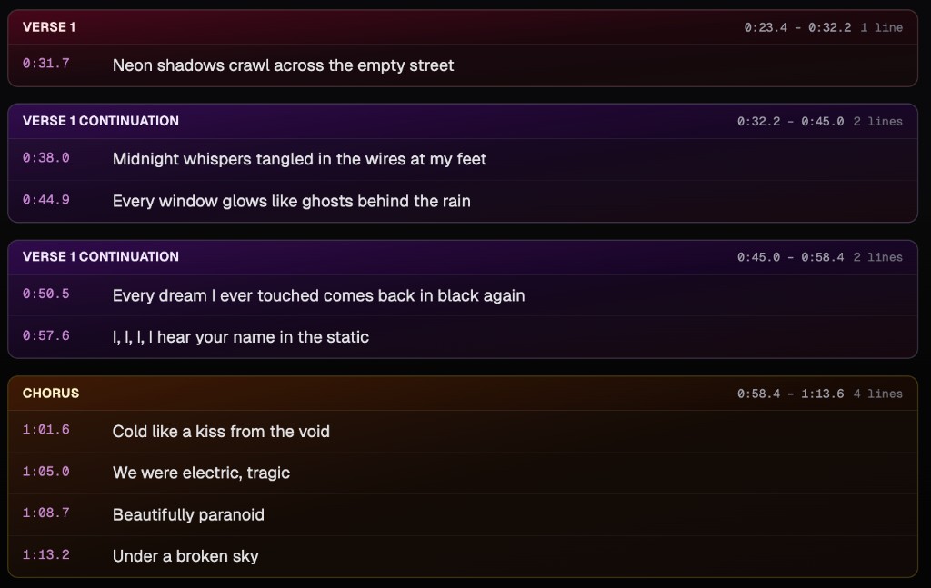 Veyra lyrics panel with per-line timestamps grouped by verse and chorus