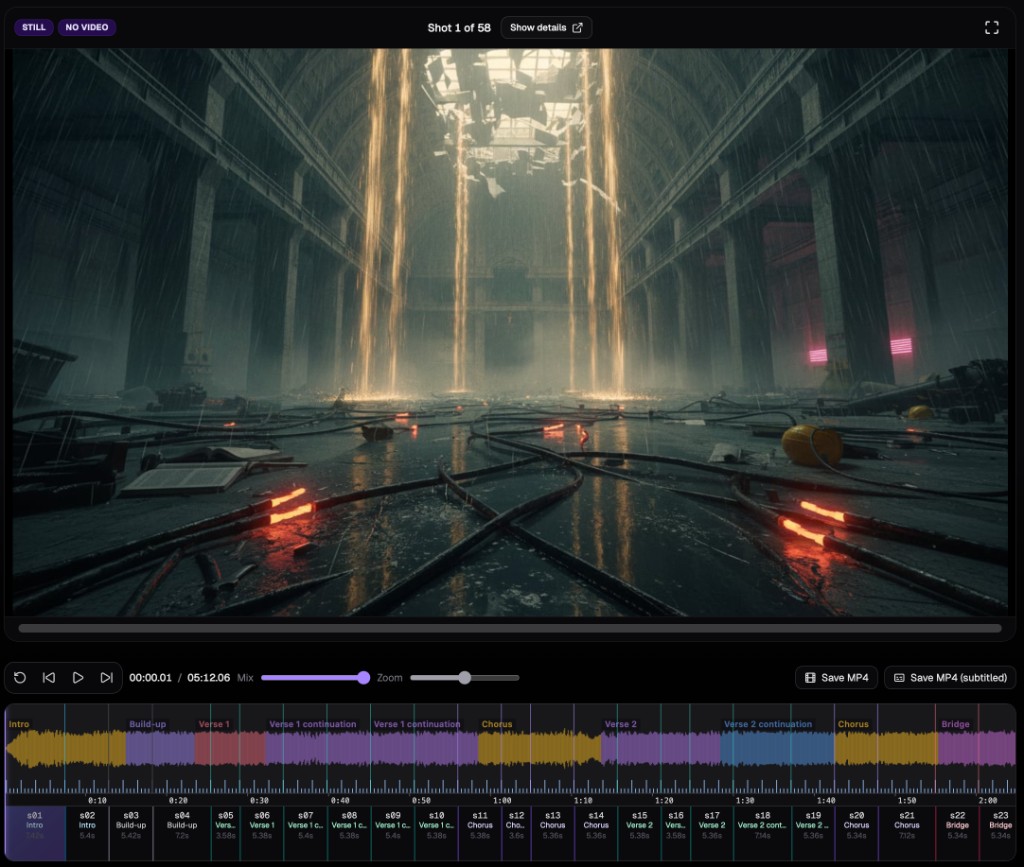 Veyra video preview with timeline, song sections, and Save MP4 buttons